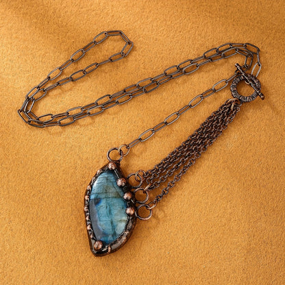 [Top Pick] Rustic Multi-Layer Necklace with Labradorite Pendant - Antique Bronze Finish, Ideal for Parties & Gifts, Unique Shape with Natural Imperfections