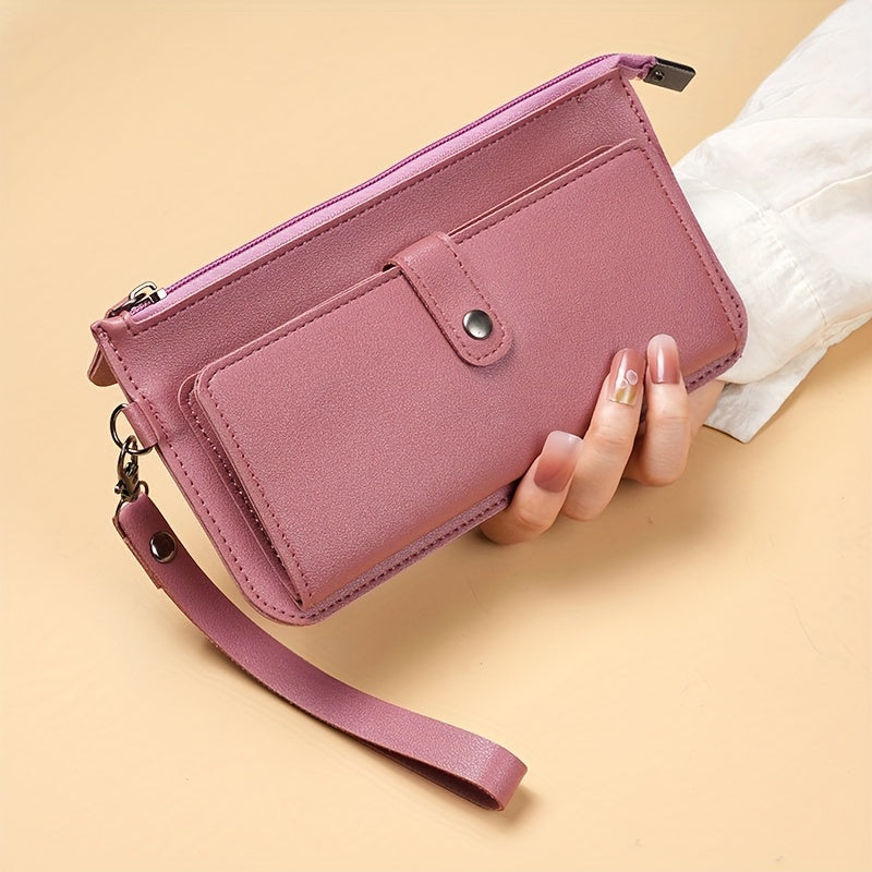 Casual women's wallet with large capacity, zippered coin purse, card slots, and wristlet clutch in faux leather.