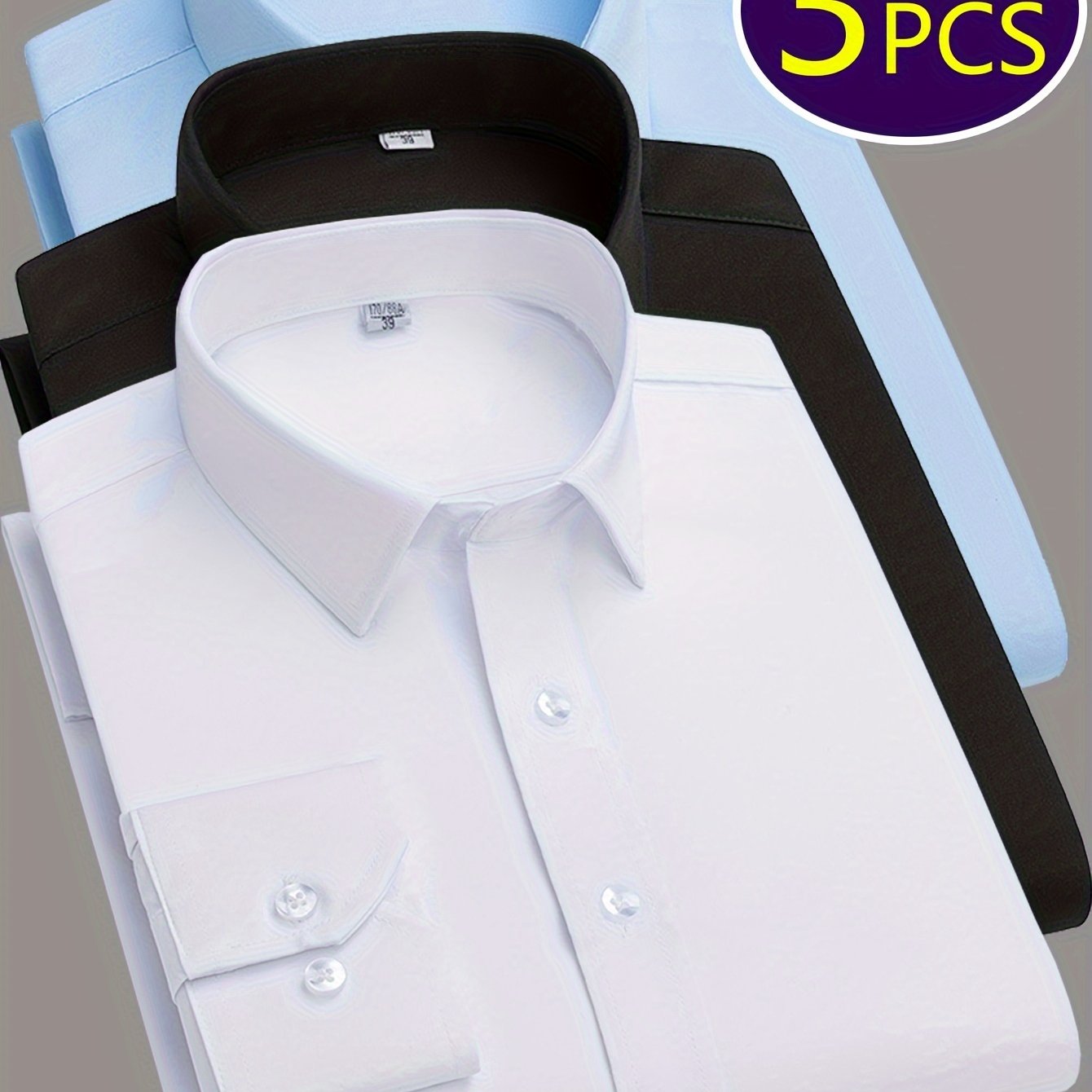 3 men's dress shirts with solid color and lapel collar, suitable for formal occasions.