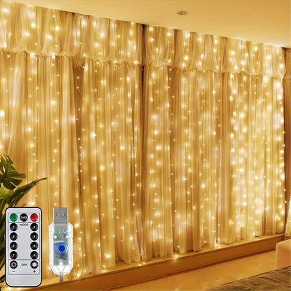 1pc Fairy Lights Curtain with 8 Modes Timer Remote, USB Lamps for Bedroom, Backdrop, Wedding, Party, Eid Al-Adha Mubarak.