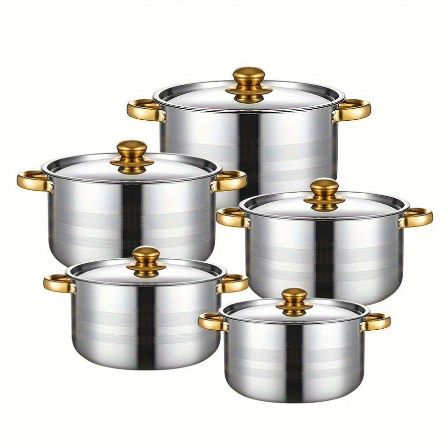 Set of 10 stainless steel saucepans with lids, suitable for induction cooking. The pots are dishwasher safe, have double handles, and can be used for cooking soup, stew, pasta, and seafood. This multipurpose cookware set is perfect for use at home, in