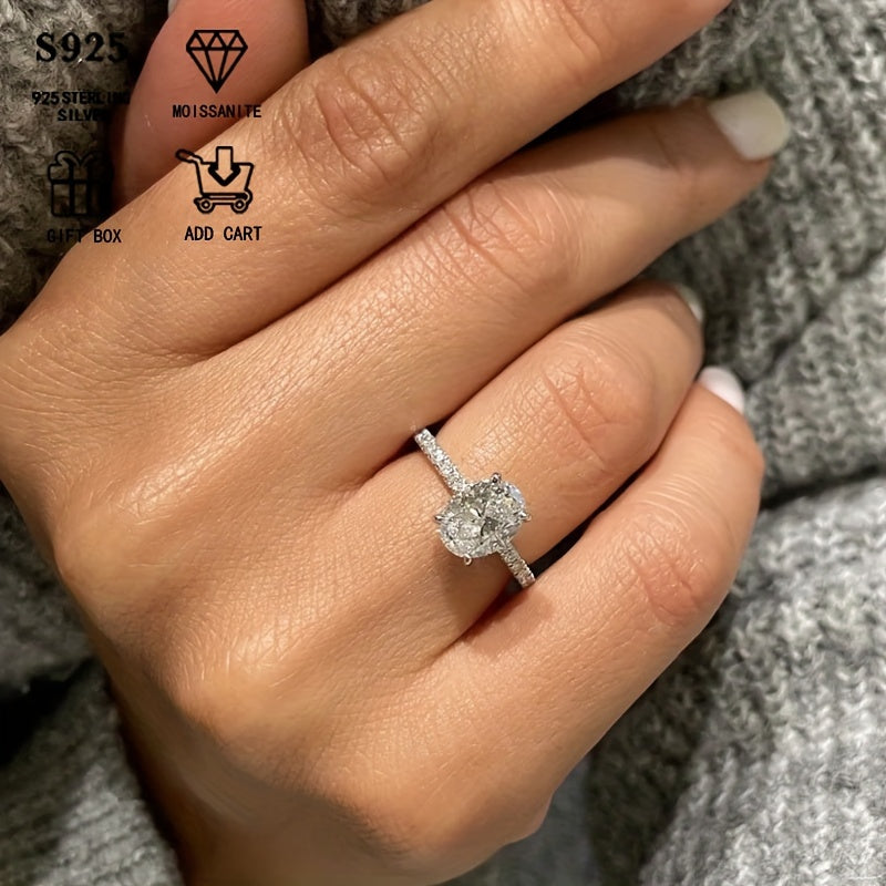 Sterling Silver Oval Moissanite Engagement Ring, featuring an elegant 4-claw pave setting. A timeless women's fashion accessory, ideal for proposals, anniversaries, birthdays, and Mother's Day. Comes in a beautiful gift box.