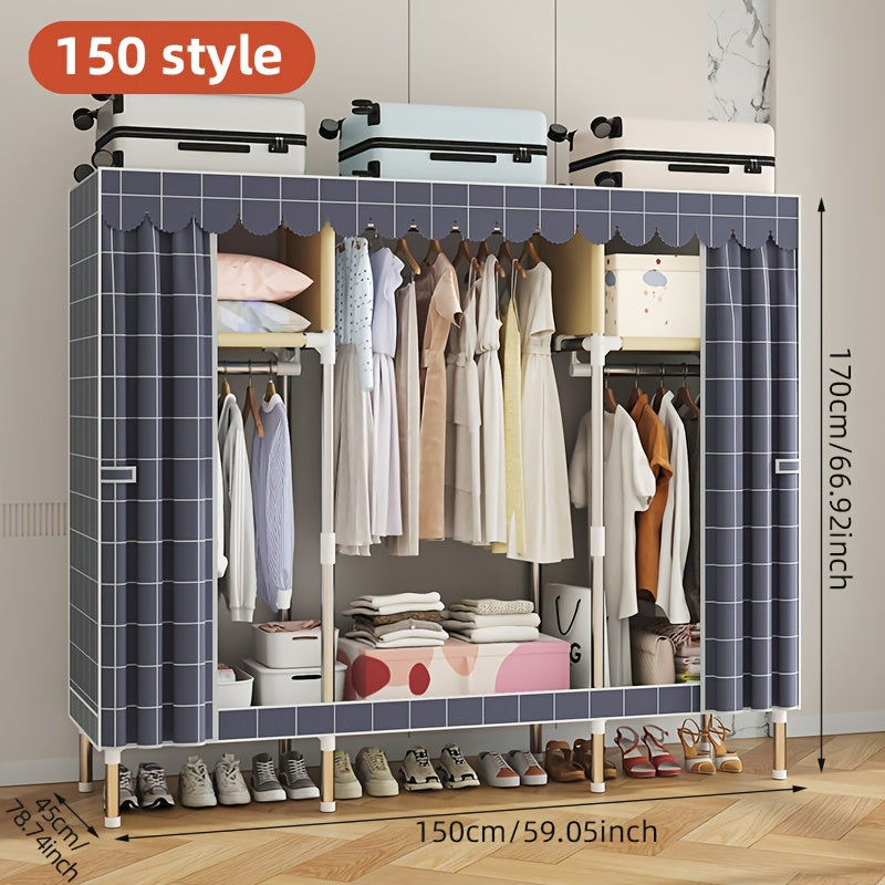 Solid color wide assembly with 10 shelves, 3 hanging rods, and plaid fabric. Portable closet for organizing wardrobe.