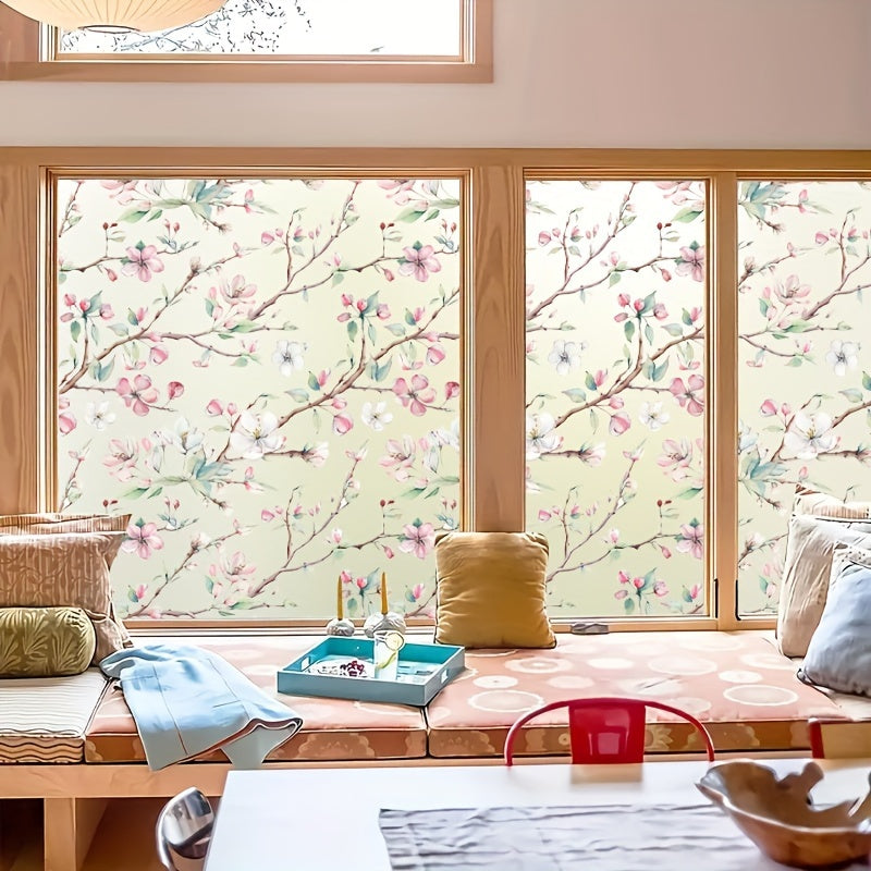 Retro Plum Blossom Model Frosted Window Film for Kitchen Sliding Door, Static Cling, Translucent Opaque Paper, Ideal for Home, Office, Bathroom. Anti-peeping and Anti-glare Film.