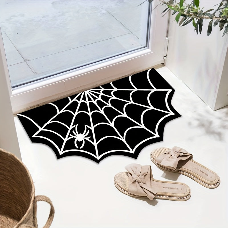 Polyester Halloween Spider Web Doormat - Machine Washable, Non-Slip, and Water Absorbent for Entryway - Festive Rug for Bathroom and Home Entrance