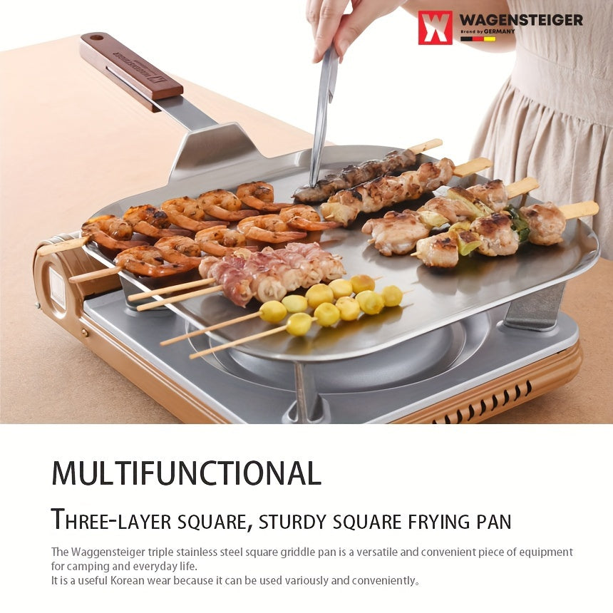 Square Frying Pan with Tri-Ply Stainless Steel Construction - 29*29cm, Featuring a Wooden Handle, Flat Griddle Design for Cooking Steak & Eggs, Ideal for Home and Outdoor Use, High-Quality Cookware with Even Heating and Long-Lasting Durability