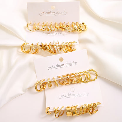 48pcs Golden-Tone Hoop Earrings Set - Zinc Alloy with Stainless Steel Posts, Ideal for Casual Wear & Gifting, Novelty Design