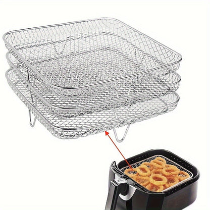 Set of 3 Air Fryer Accessories: Square Stainless Steel Cooking Racks, Versatile Food Grade Dehydrator Stand, and Grill Mesh for Frying, Baking, Grilling, and Dehydrating Fruits & Vegetables