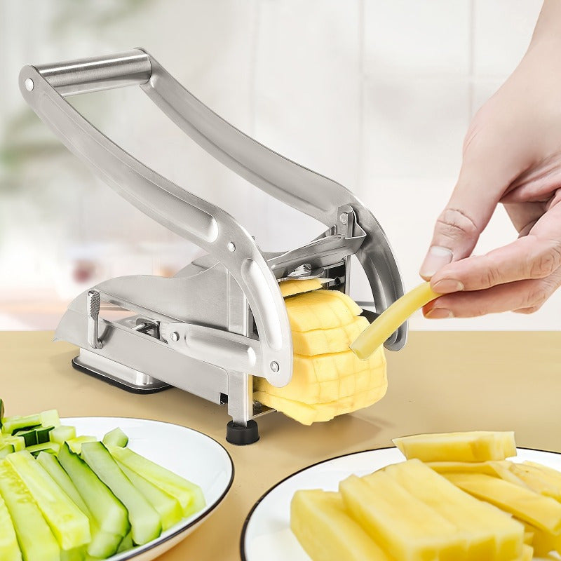 No electricity needed for this multifunctional stainless steel French fry cutter and manual potato dicer with 2 blades. This cast iron kitchen utensil is perfect for cutting vegetables and fruits.