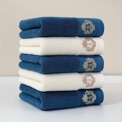 5pc Ultra Soft Cotton Velvet Hand Towels - 34.04x73.66cm, High-Quality & Cooling Comfort for Bathroom, Gym, Travel | Monogram Design in Navy Blue, Light Gray, White, Dark Gray, Light Brown | Multi-Color Options, Bathroom Essentials | Monogrammed Cotton