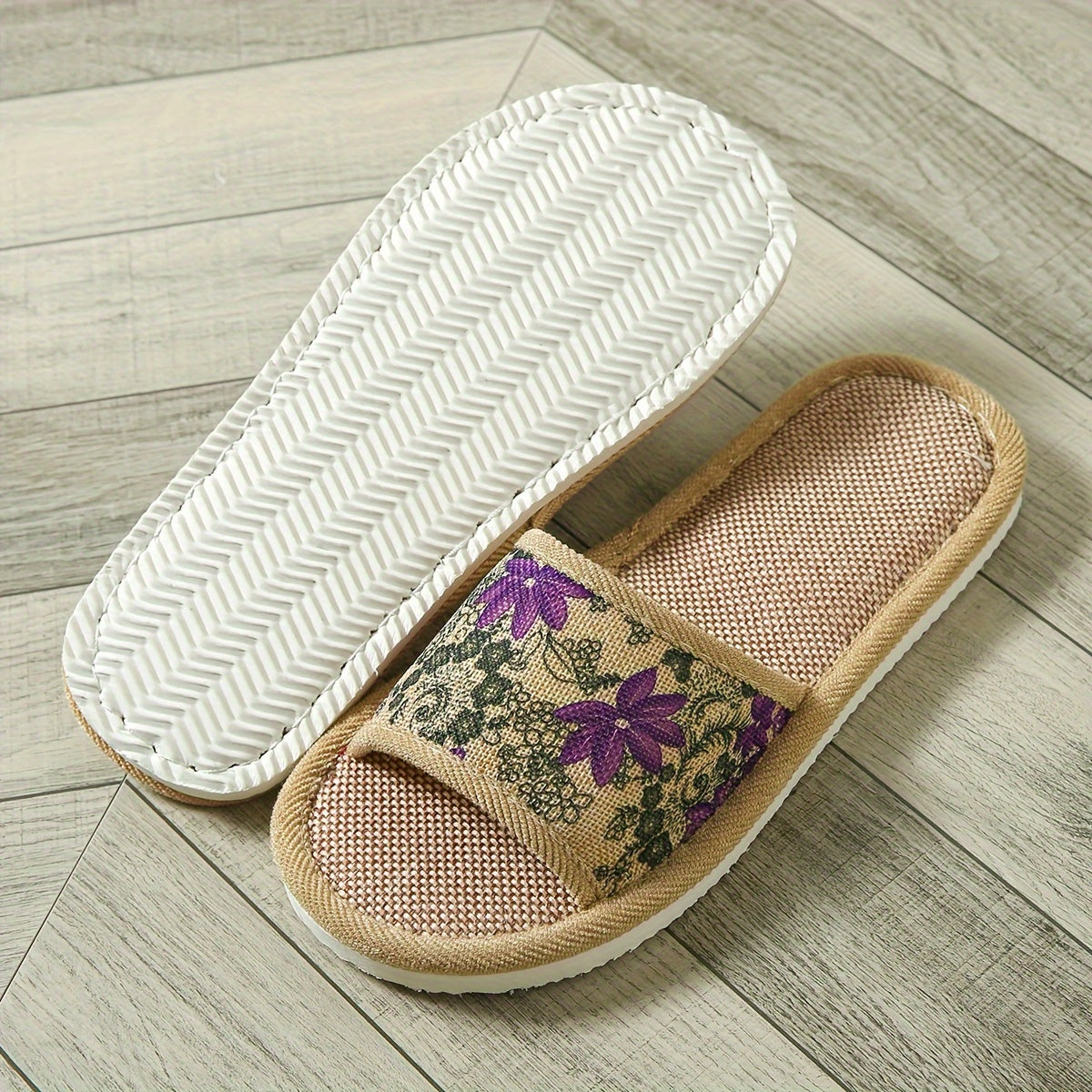 Womens Floral Linen Slippers with Soft Non-slip Sole for Home, Breathable Indoor Wear