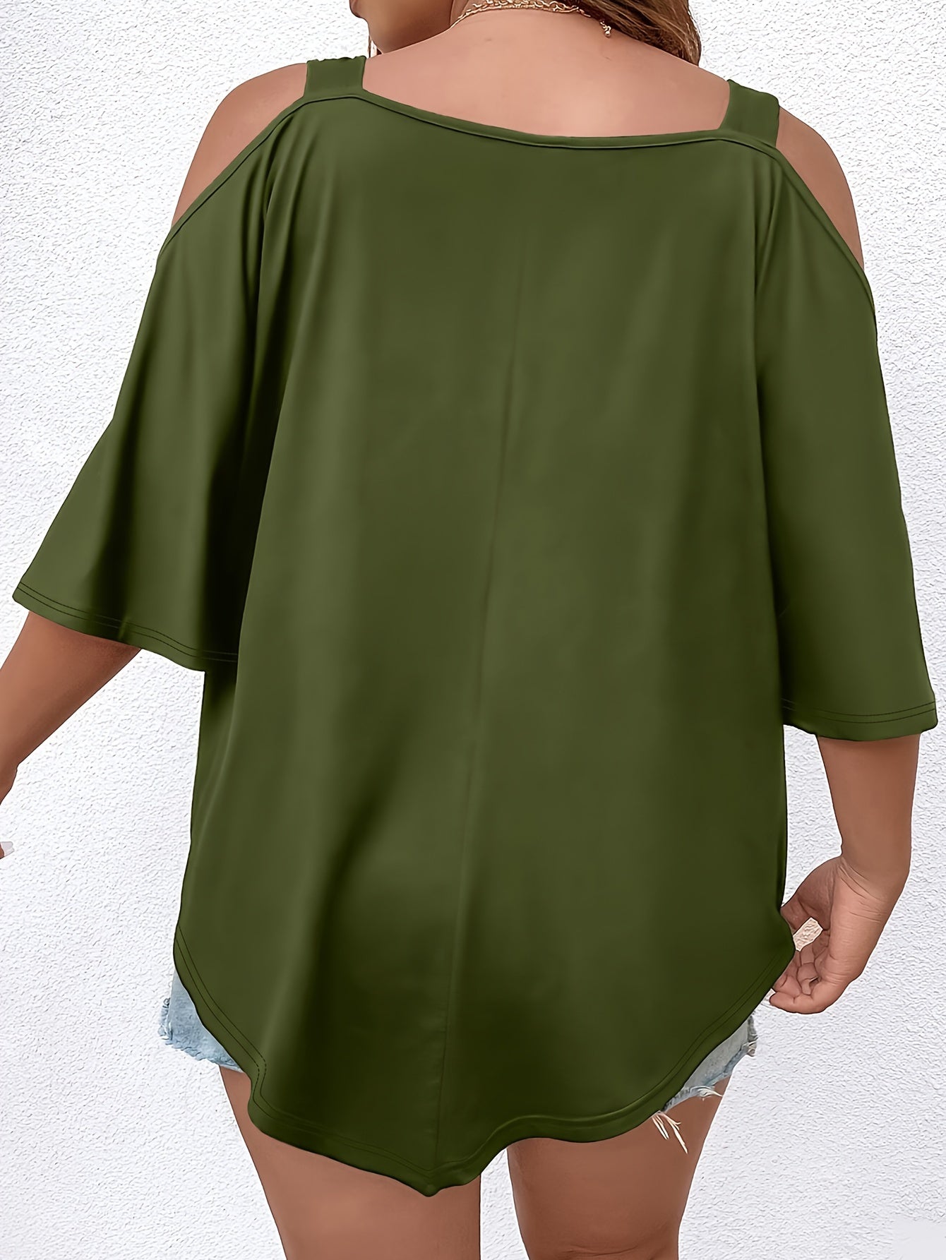 Cold shoulder V neck T-shirt, asymmetrical hem top for spring & summer, women's plus size clothing.