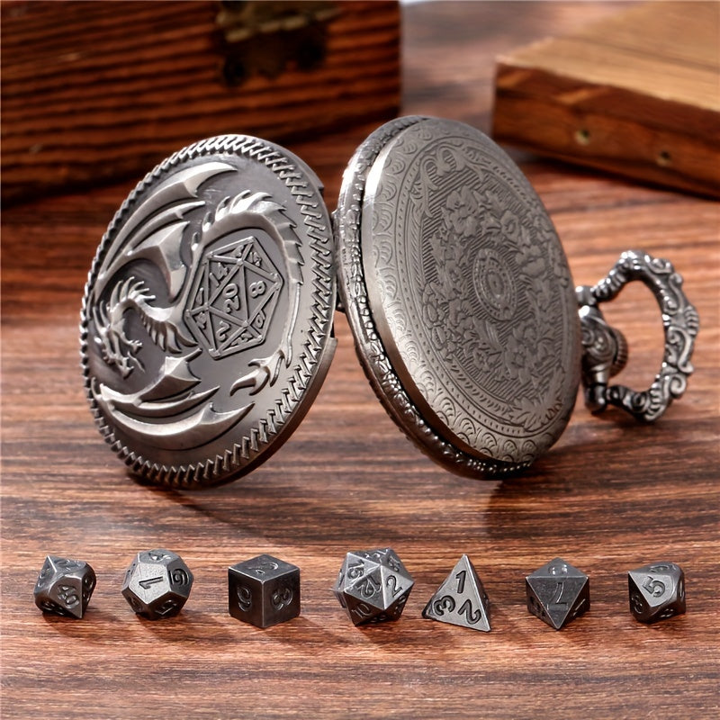 Vintage Dragon Alloy Pocket Watch with Chain and 7-Piece Dice Set - Perfect for Role-Playing Games