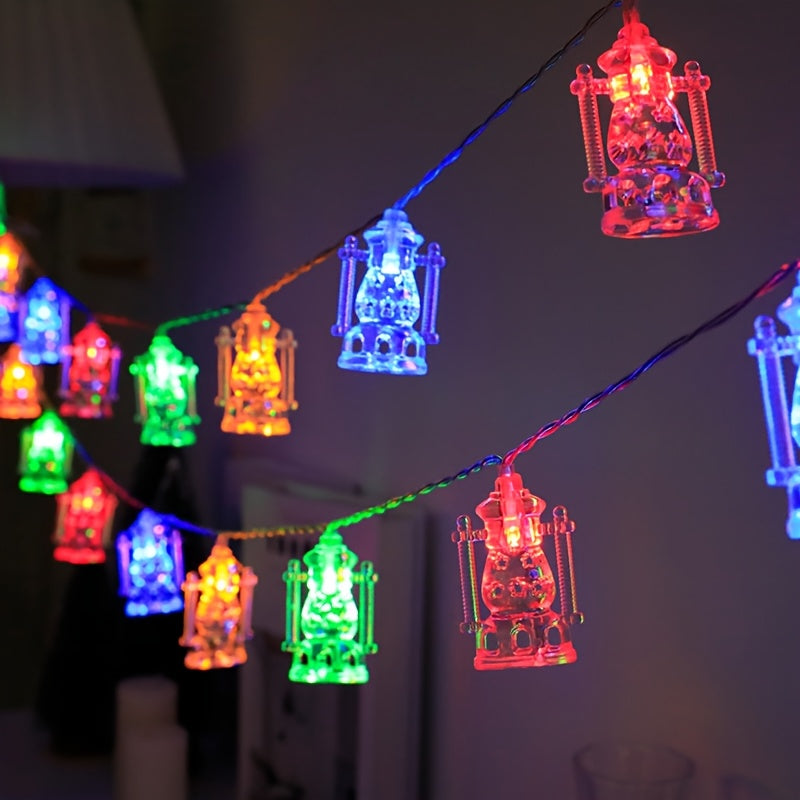 Battery-powered LED string lights with a golden Islamic-themed design featuring stars and moons, perfect for Ramadan, Diwali, and holiday décor. Made of plastic, switch-controlled, and