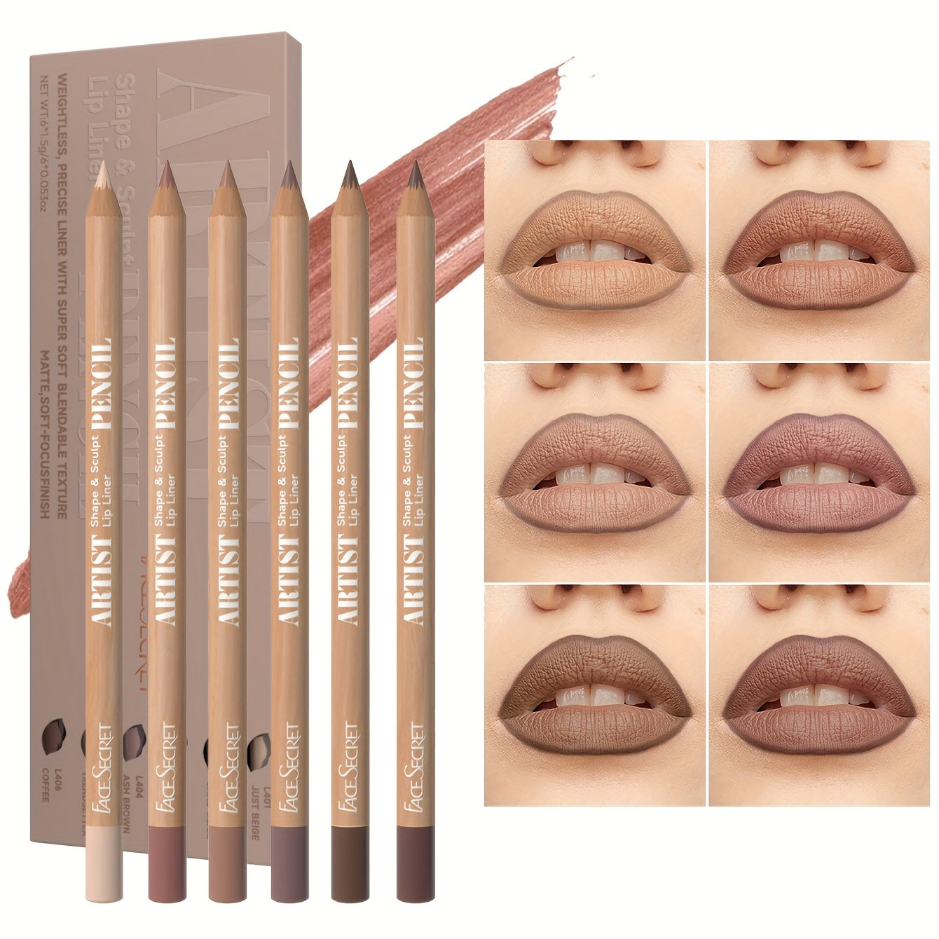 6-piece set of nude lip liners, with waterproof matte finish, long-lasting color, and easy application for daily makeup.