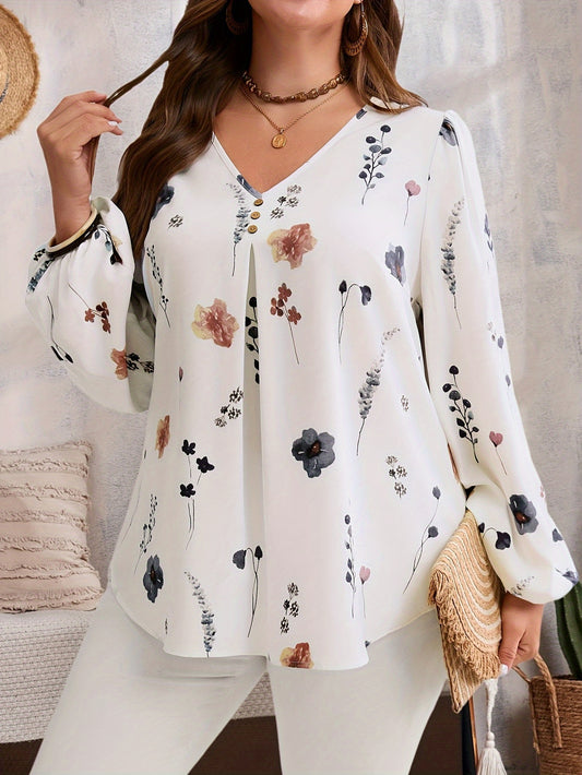 Elegant V Neck Floral Blouse with Lantern Sleeves for Plus Size Women in Spring & Fall