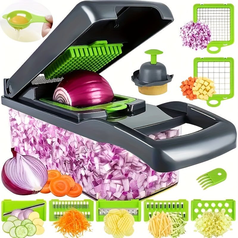 Set of 22 pieces, including a vegetable chopper, multifunctional fruit slicer, manual food grater, vegetable slicer, cutter with container, onion mincer chopper, household potato shredder, peeler, and various kitchen gadgets. Perfect for dorm essentials