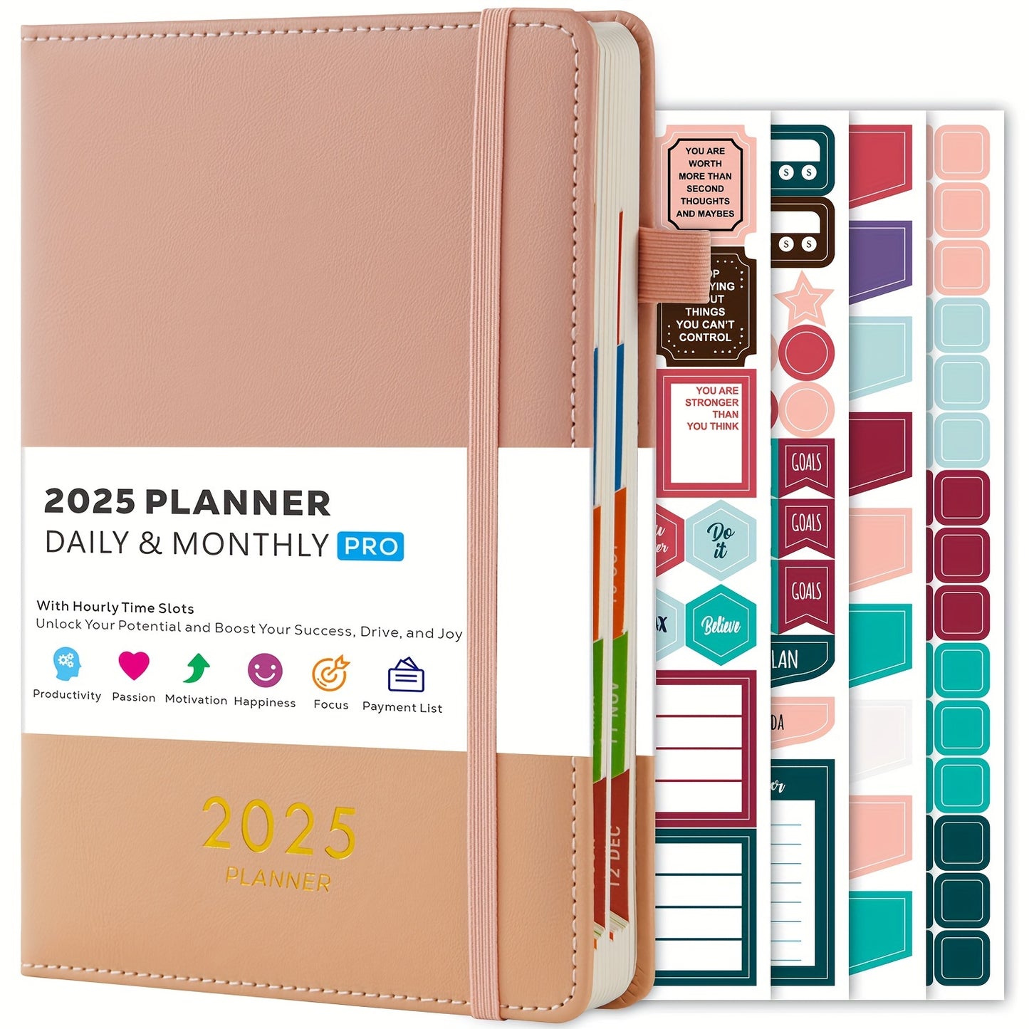 2025 Daily & Monthly Planner with Hourly Slots, Hardcover Leather, English, Includes 4 Planning Sheets, 12 Monthly Tabs, Productivity Tool