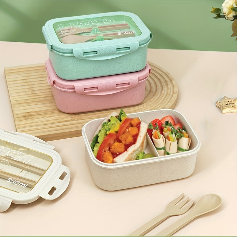 1 lunch box container with 2 sections and a modern design. Comes with a built-in utensil set and is microwaveable (lid must be removed before heating). Perfect for back to school, class, college, school supplies, kitchen organization, and storage. Also