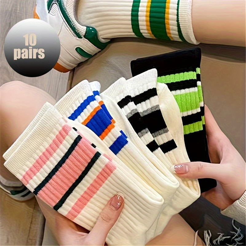 5 pairs of breathable striped print mid tube socks for women