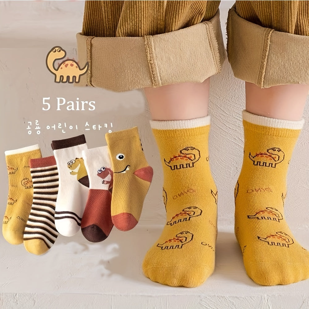 Five pairs of boys' cartoon little dinosaur socks for autumn and winter, featuring fashion color block design.