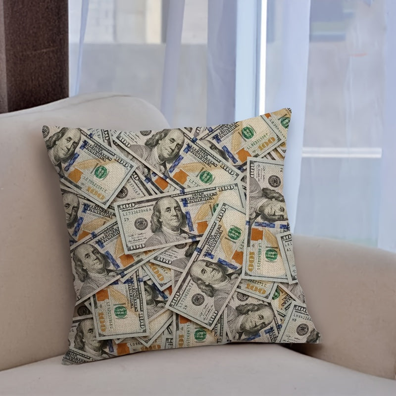 Humorous dollar bill pillow cover. 45.72x45.72 cm, double-sided with zip closure. Great for bedroom and living room decor. Machine washable polyester.