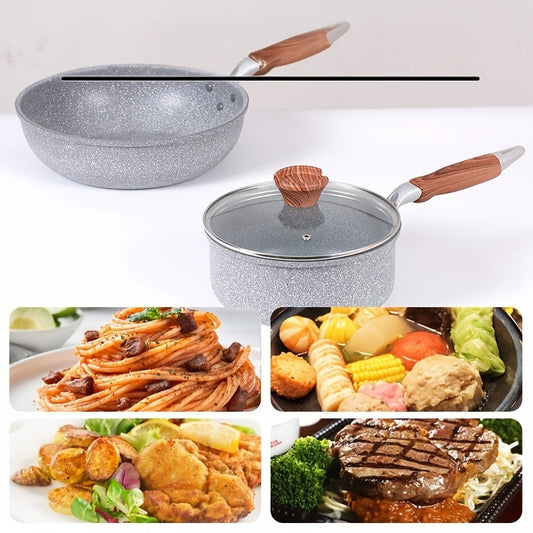 Maifan Stone Non-Stick Cookware Set includes 3 pieces with Wooden Grain Handles and Tempered Glass Lids. Made with Durable Aluminum Construction, these versatile Pots and Pans are suitable for use on various stovetops. Ideal for Boiling, Sautéing, and