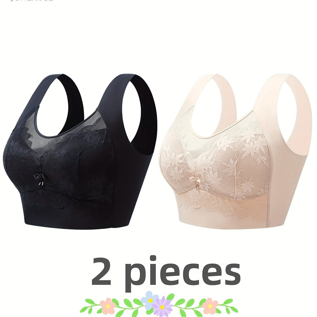 2 elegant lace wireless bras for women in black and beige. Comfortable seamless design with floral print, medium support. Made of nylon and spandex blend.