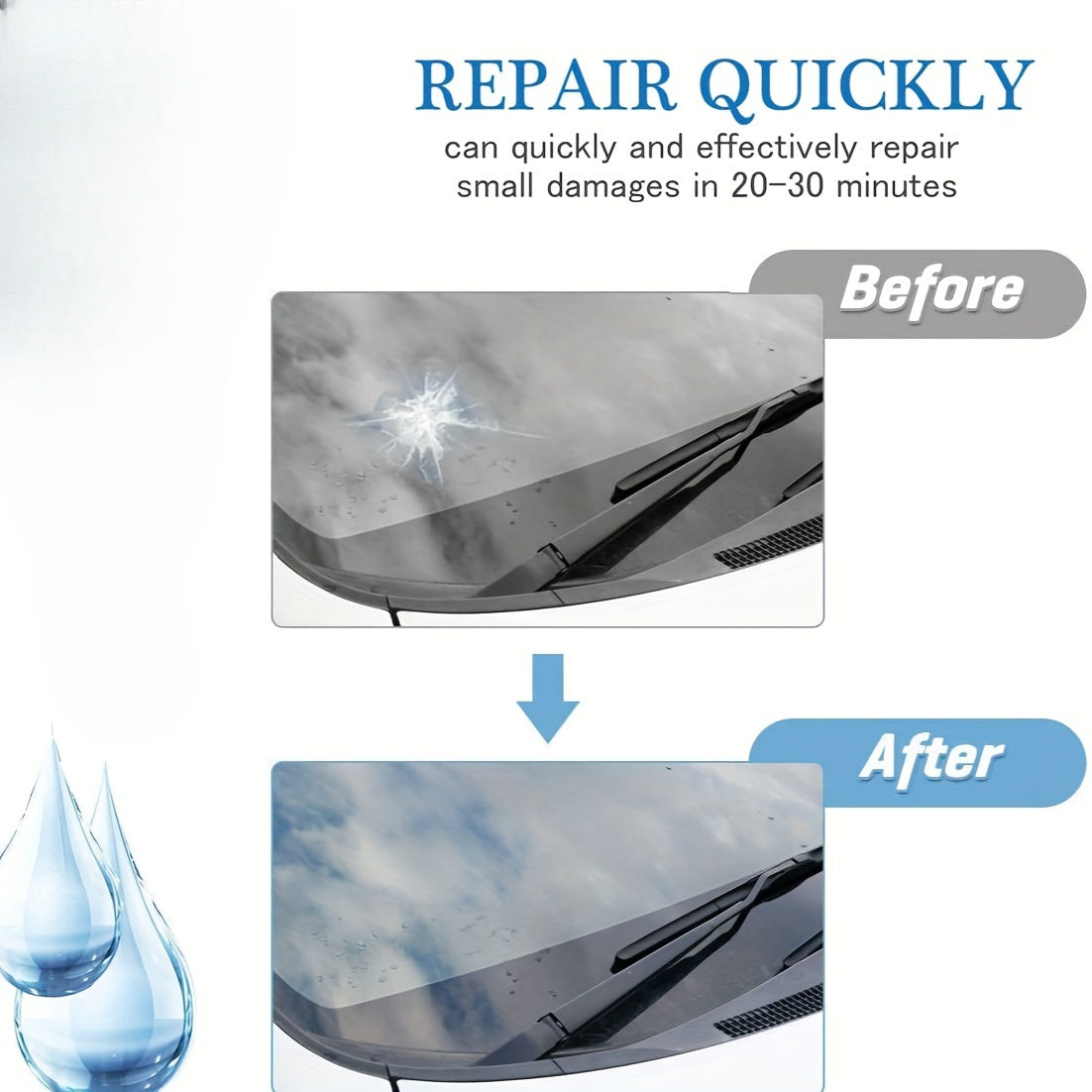 Windshield repair set uses nanofluid technology to fix chips and star-shaped cracks in automotive windshields.