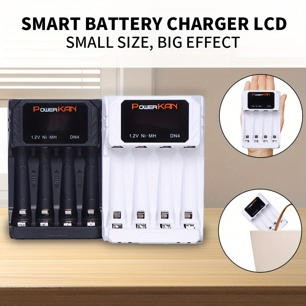 The PowerKAN Compact 4-Slot Smart Charger charges AA/AAA Ni-MH/Ni-Cd Batteries with USB Type-C, LCD Display, Overcharge Protection, Black or White, Portable.