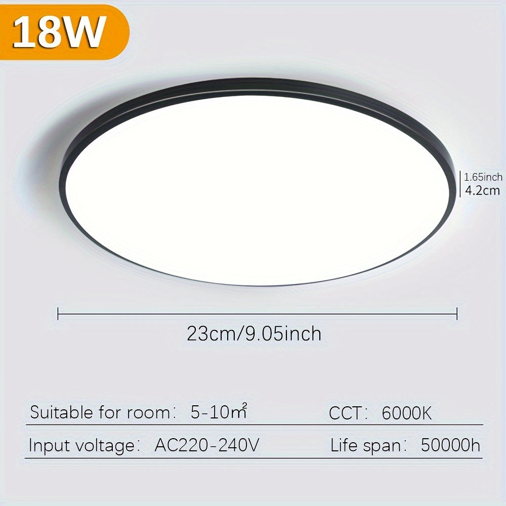 LED Ceiling Light available in 18W, 27W, and 36W sizes, modern design, suitable for bedroom, living room, bathroom, and balcony, comes in slim multicolor options.