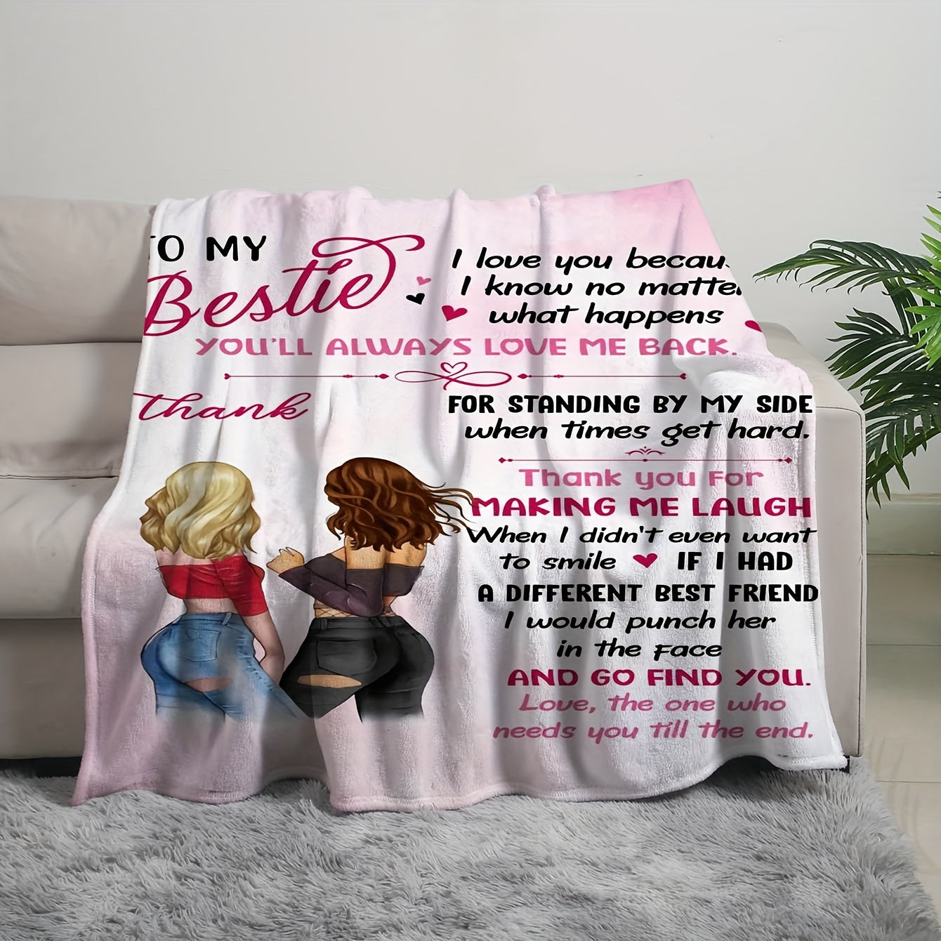 Soft Pink Flannel Bed Blanket with Contemporary Best Friend Theme - Digital Print, Reversible All Seasons Multipurpose Blanket for Machine Wash, Friendship Appreciation Design 'To My Bestie'. Soft Polyester Material for Knitted Bedroom Decor.