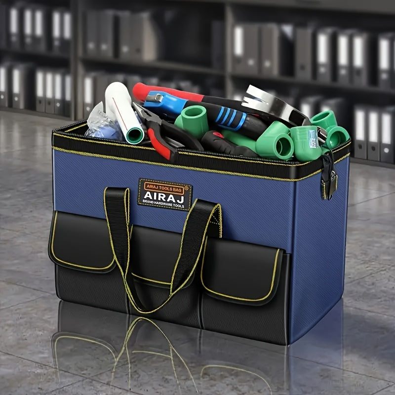 AIRAJ Heavy-Duty Tool Bag with Multiple Compartments - Durable Black & Yellow Tool Organizer for Electricians, Plumbers, Carpenters, and Mechanics. Features Reinforced Handles and Straps