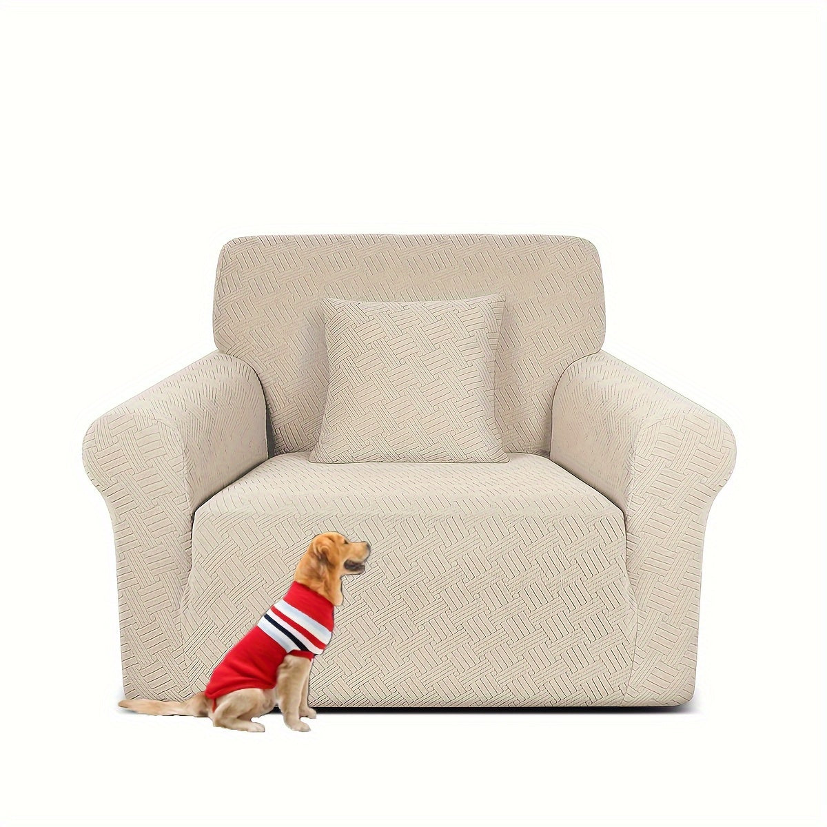 Pet-friendly sofa cover in gray striped jacquard fleece with elastic band, non-slip bottom, and all-season dust protection. Stylish and snug fit for living room furniture.