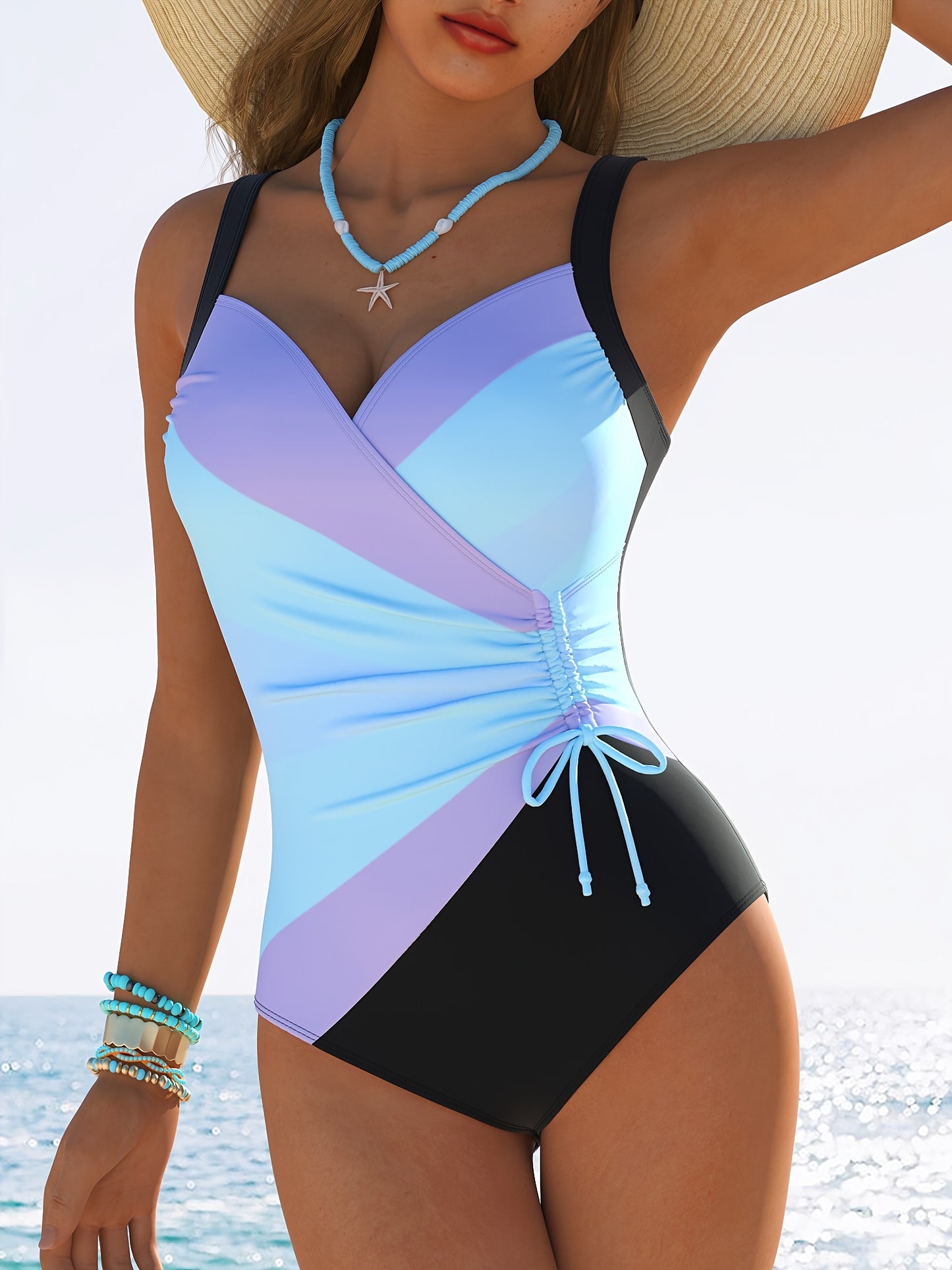 Women's one-piece swimsuit in a sports style made from stretchy solid-colored polyester knit fabric with high elasticity, ideal for swimwear.