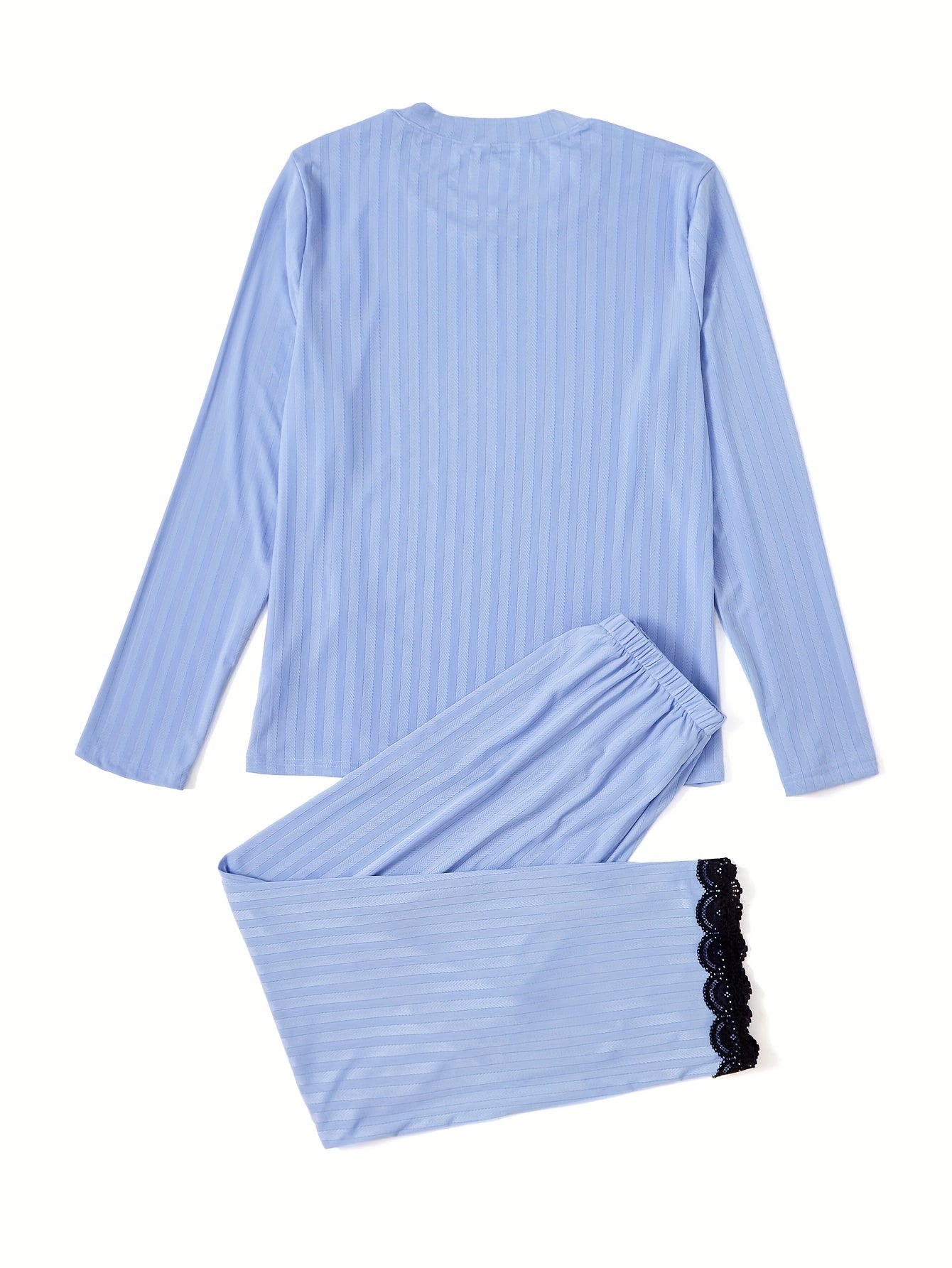 Solid lounge set with crew neck top and lace trim pants for women's sleepwear.