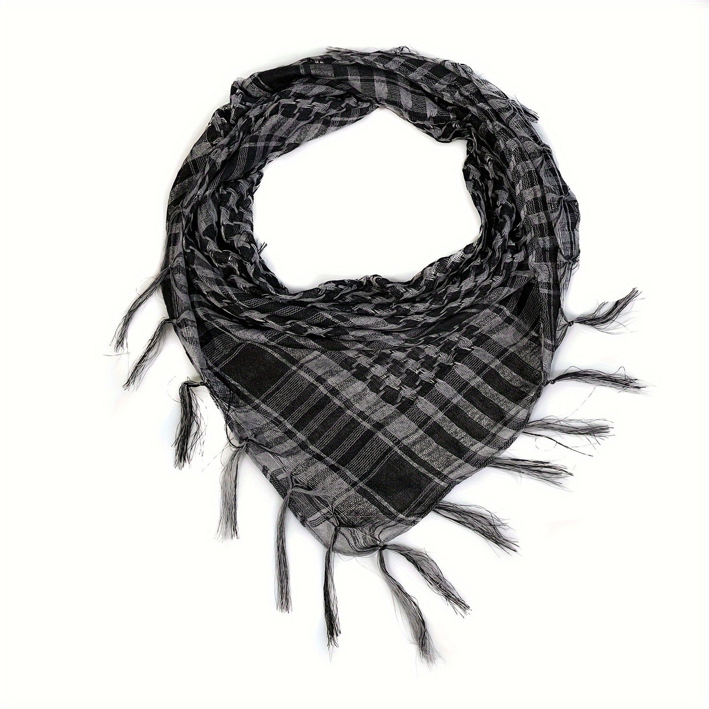 Lightweight Tactical Plaid Scarf - Windproof, Sand-Proof, All-Season Polyester Neck Warmer with Fringe Detail.