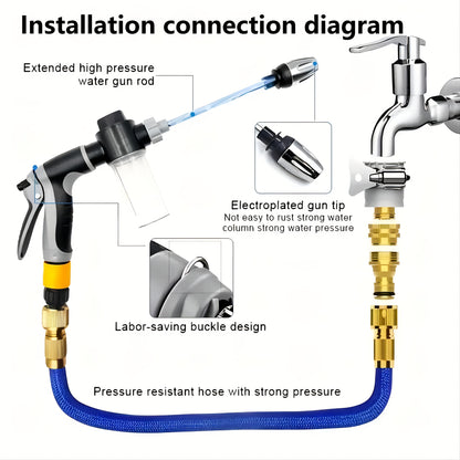 3x telescopic hose combo set for home car washing, floor washing, garden watering, including foam water bottle and high-pressure car wash water gun with telescopic rod.