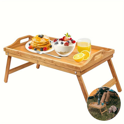 Multifunctional wooden bed tray with folding legs, perfect for breakfast, snacks, work, or study in bed or on the sofa. Great for picnics, camping, dorm rooms, and home use.