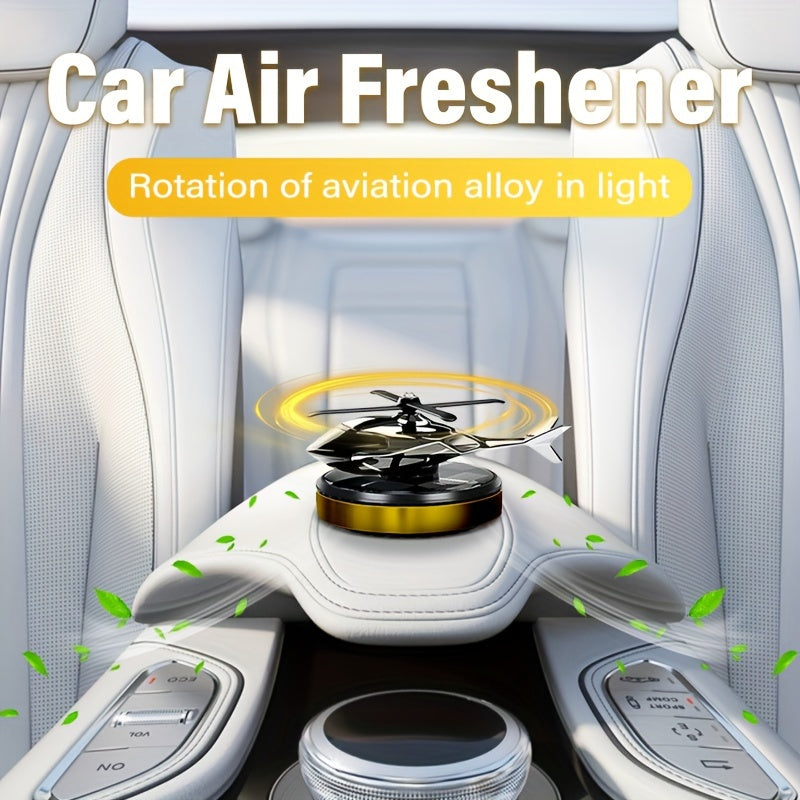 Solar-powered helicopter air freshener with rotating aluminum alloy aromatherapy diffuser in red/golden/silvery/blue, includes paper fragrance sheets for long-lasting delicate scent and car