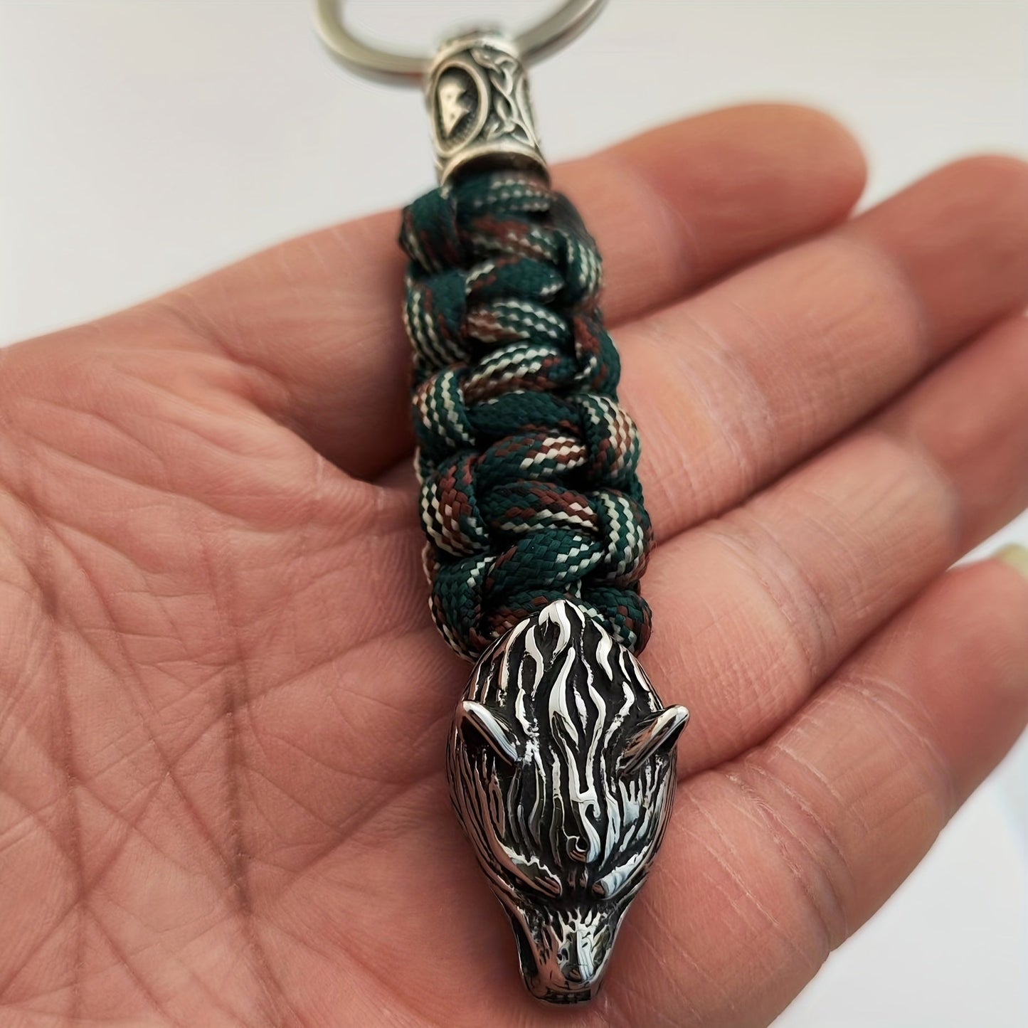 Men's Fashion Accessory: Viking Wolf Head Keychain in Stainless Steel - Hand-Woven Polyester, Sporty and Stylish Key Chain