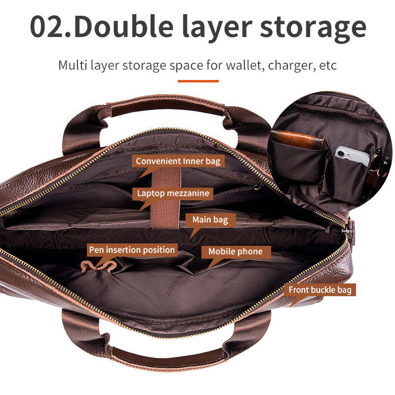 Brown leather briefcase with multiple compartments, adjustable shoulder strap, suitable for travel and professional activities.