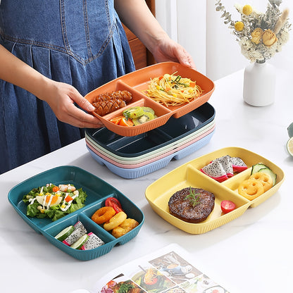 1-pc divided plates for portion control, including dessert and salad sections, made of microwave and dishwasher safe PP material.