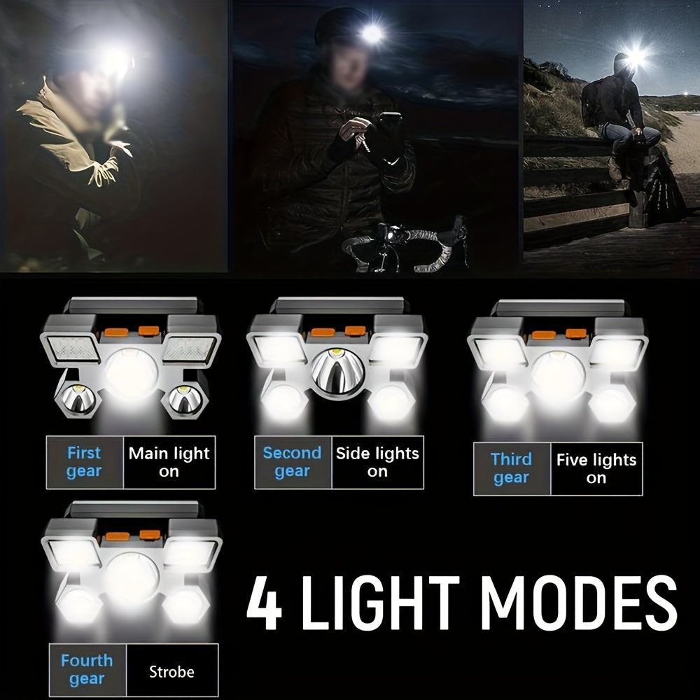 Portable LED headlamp for camping, hiking, fishing, and walking, rechargeable via USB.