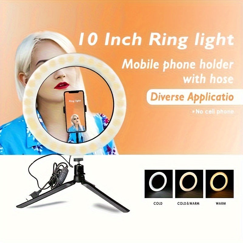 25.4cm USB-powered LED Ring Light with adjustable color temperature, 120 LEDs, 360° rotatable gooseneck, tripod stand, and phone holder for video blogging, photography, and live streaming.