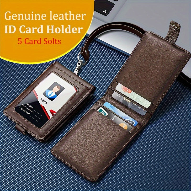 Leather ID card holder with lanyard, 5 card slots, PU leather, English text, formal business accessory.