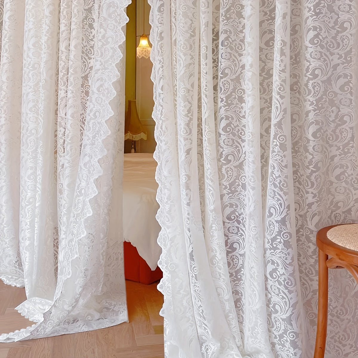 Sweet and romantic, this sheer curtain features a delicate bead lace small flower design in white. Perfect for adding a touch of softness and charm to your living room, bedroom, or dining room decor. This rod pocket curtain is also suitable for cabinet