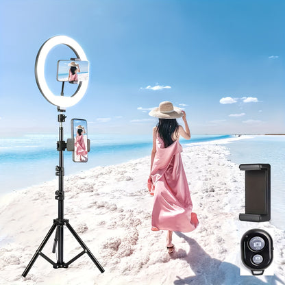 53.54-inch selfie ring light with tripod, dual phone holders, 3 color modes, and 12 brightness levels. USB powered for makeup, photography, video, and vlogging. Made of PP material.