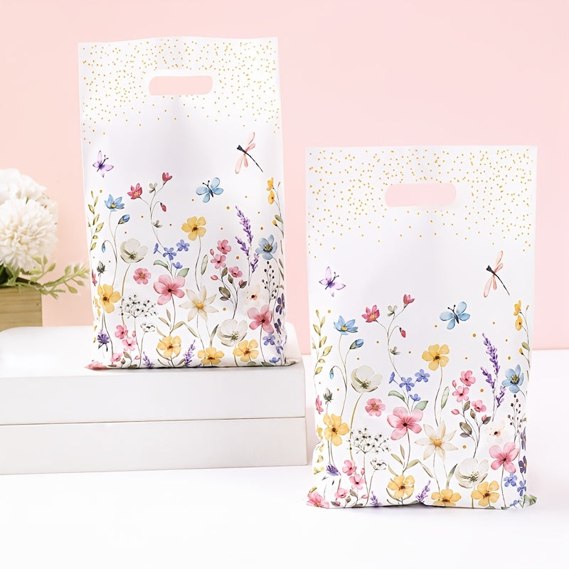 10/25/50pcs of Wildflowers Theme Plastic Gift Bags with Leaf and Flower Design - Punch Hole Handle, ideal for Mother's Day, Weddings, Birthdays.