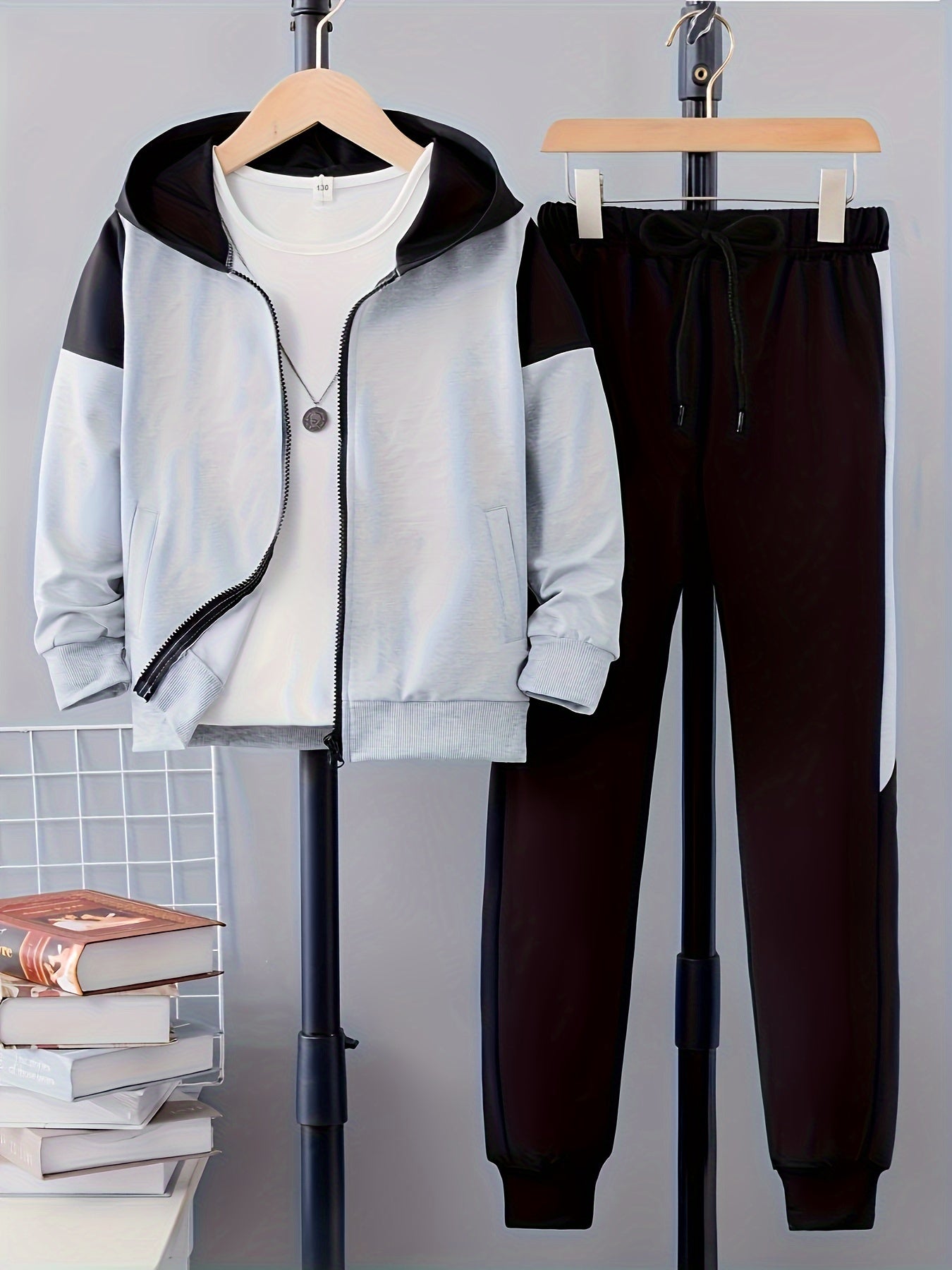 Boys' 2-piece trendy outfit featuring hooded zip-up jacket and sweatpants for spring and fall daily and outdoor wear.